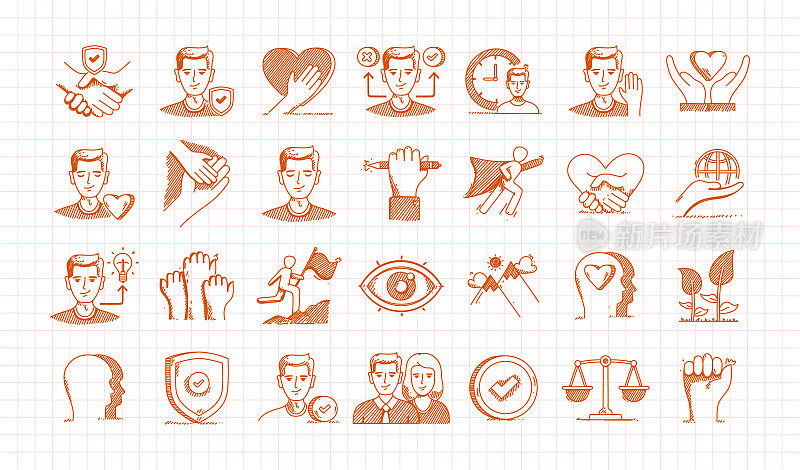 核心价值手绘草图,矢量涂鸦线图标集。