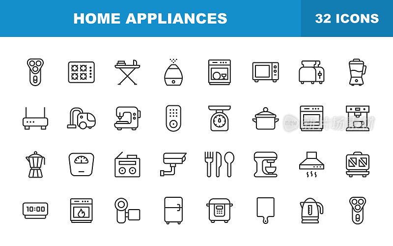家用电器线路图标。可编辑的中风。包含锅，时钟，吹风机，冰箱，洗衣机，烤面包机，空调，工作工具，电子，技术，设备等图标。