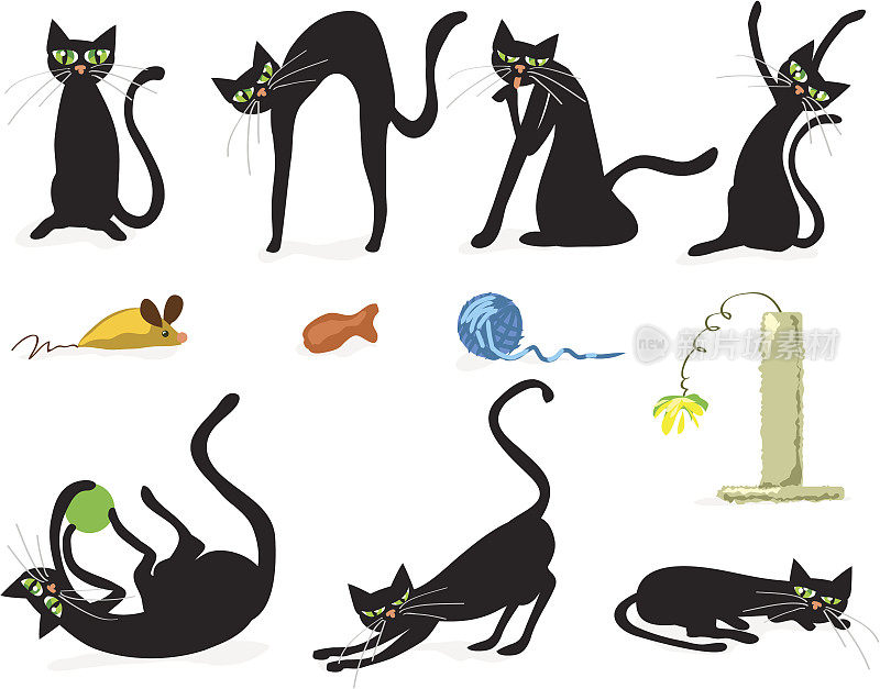 图标设置的黑猫和彩色的猫玩具