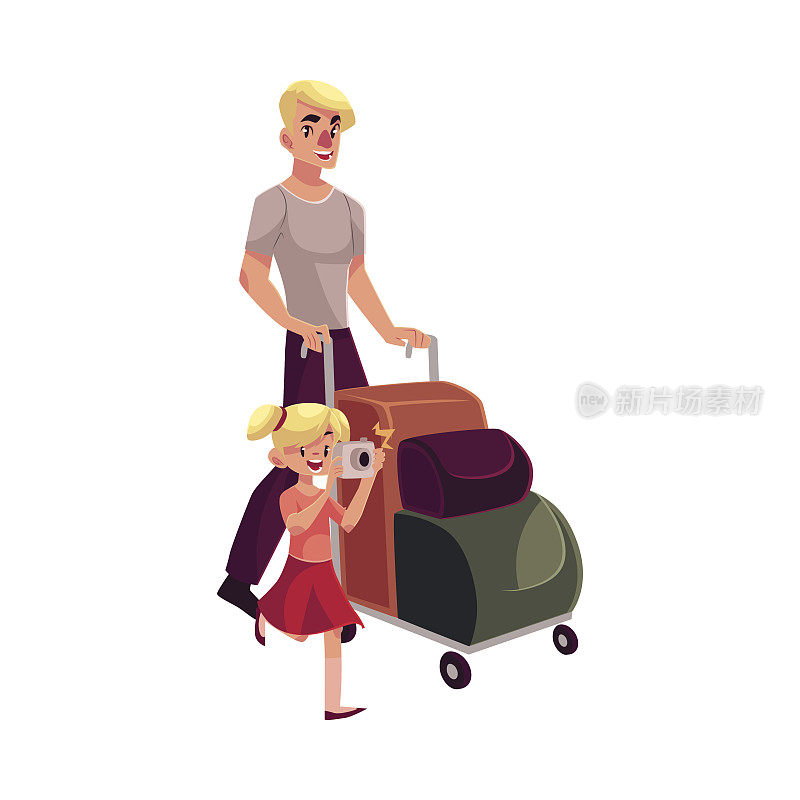 年轻人推着行李车，女儿拿着相机