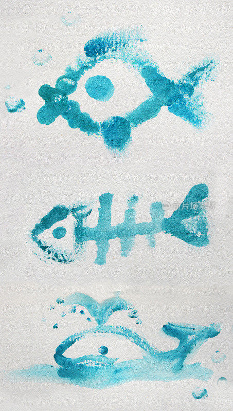 水彩画的鲸鱼，鱼和鱼骨