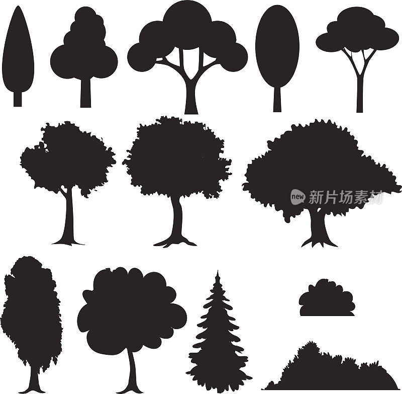 一组各种风格化的树木剪影。