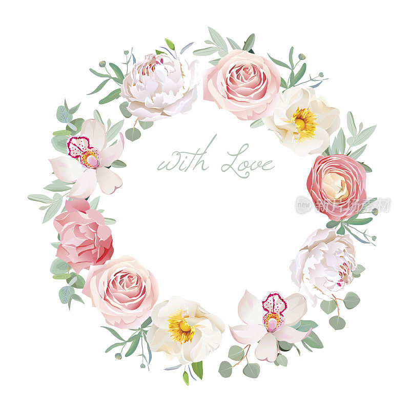 春牡丹、玫瑰、毛茛、兰花、康乃馨等圆形矢量图案架