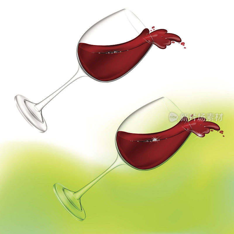 3d现实矢量插图。透明隔离葡萄酒杯与红酒。红酒从玻璃杯中倾泻而出