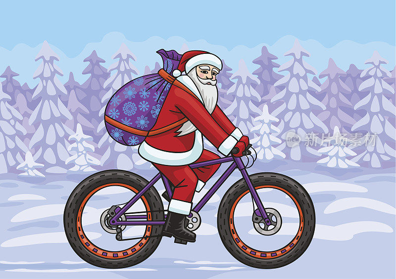 骑着胖自行车的圣诞老人。
