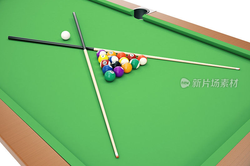 3D插图台球在绿色的桌子上与台球杆，斯诺克，台球游戏。台球的概念