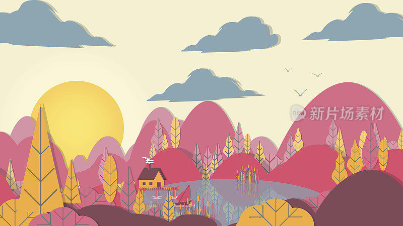 剪纸风格贴花森林与湖泊和小房子-矢量插图