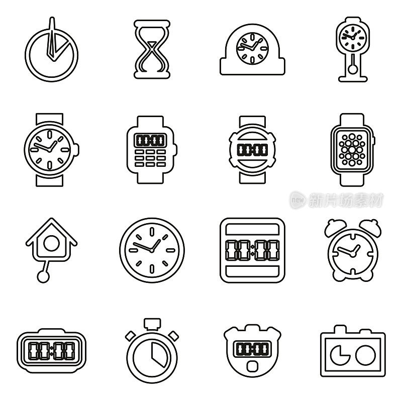 时钟或手表图标设置2细线矢量插图设置