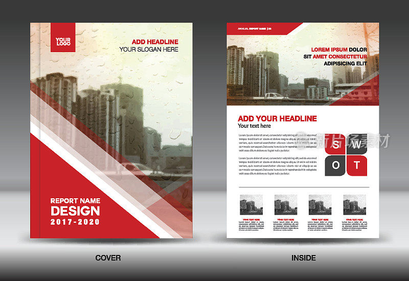 红色方案与城市背景，书籍封面设计模板A4，商业小册子传单，年度报告，杂志，公司简介