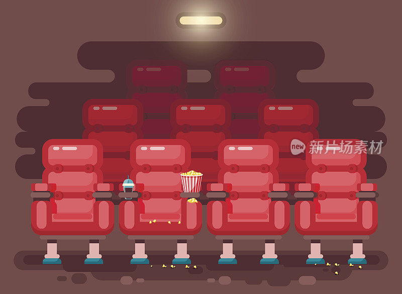 矢量插图卡通室内影院大厅与扶手椅观看电影或电影，爆米花，饮料在扁平风格