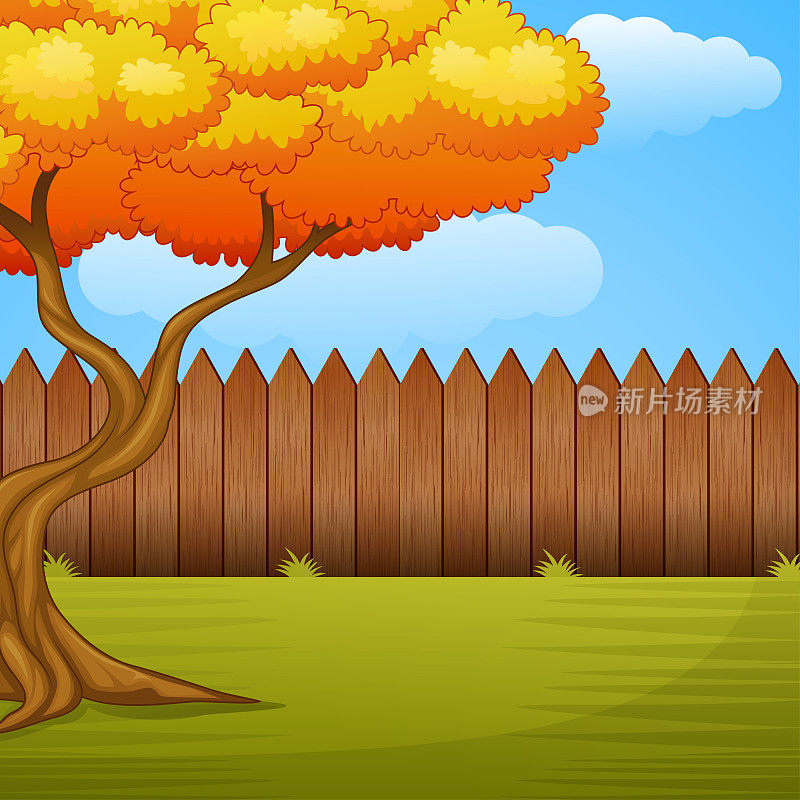 花园背景与秋天的树和木栅栏