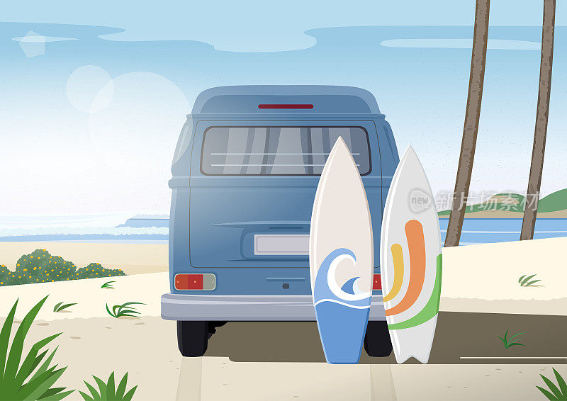沙滩上有两个冲浪板的复古小货车。老式的海报或横幅。夏季音乐会。