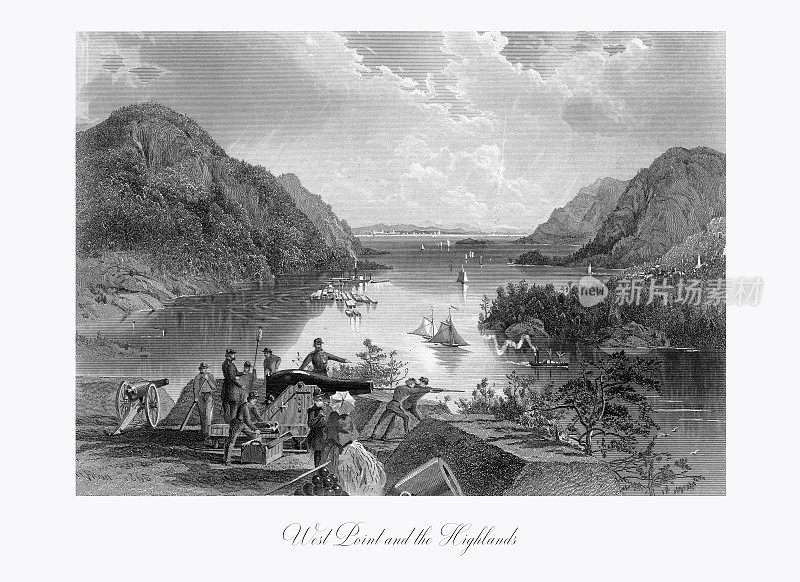 西点军校和哈德逊河上的高地，美国纽约，美国维多利亚版画，1872年