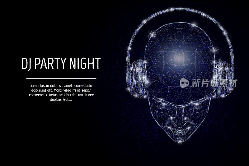 Dj派对之夜，矢量多边形艺术风格的插图