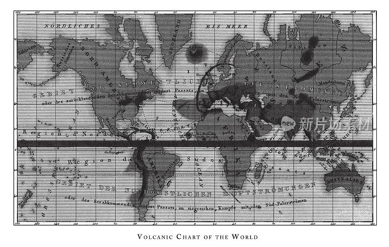 世界火山图、火山和飓风图;山概况;火山口;以及1851年出版的南极版画古董插图