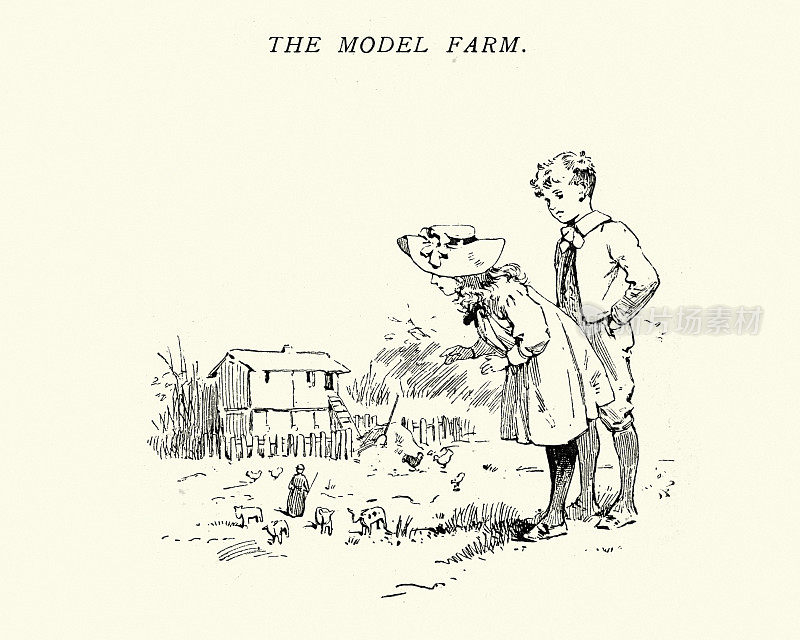 孩子们在玩一个农场玩具模型，维多利亚时代，19世纪