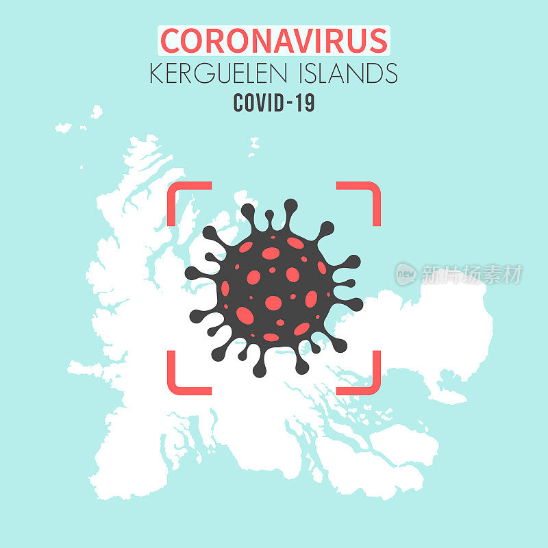 Kerguelen群岛地图，红色取景器为冠状病毒细胞(COVID-19)