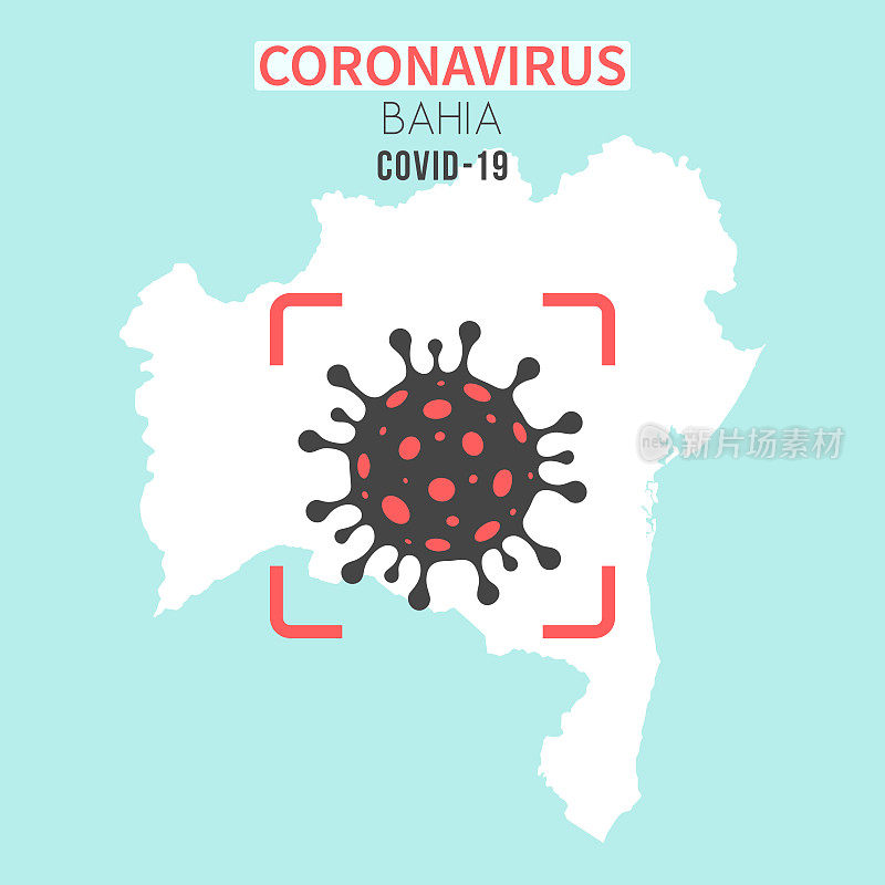 红色取景器上有冠状病毒(COVID-19)细胞的巴伊亚地图