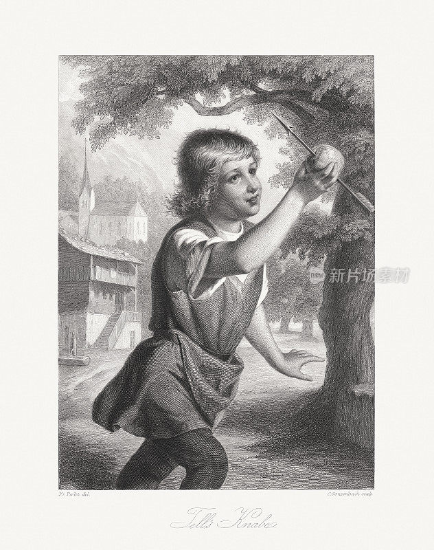 威廉・泰尔的儿子拿着苹果开枪，1859年