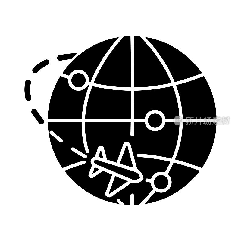 国际贸易黑色字形图标。进出口、物流、航空邮件、派送。商业，贸易，国际市场地图。白色空间上的剪影符号。向量孤立的插图