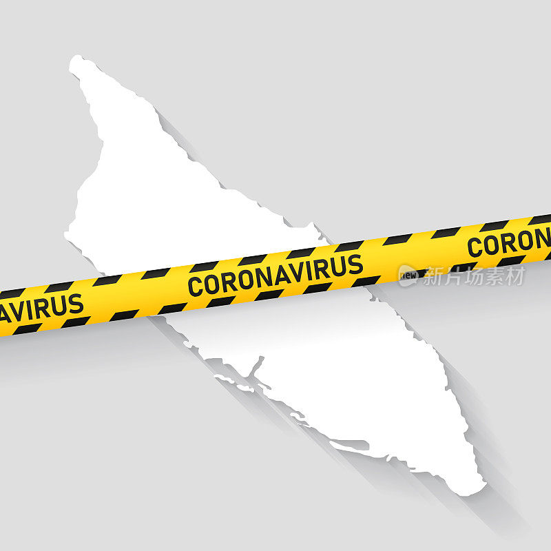阿鲁巴地图与冠状病毒警告胶带。Covid-19爆发