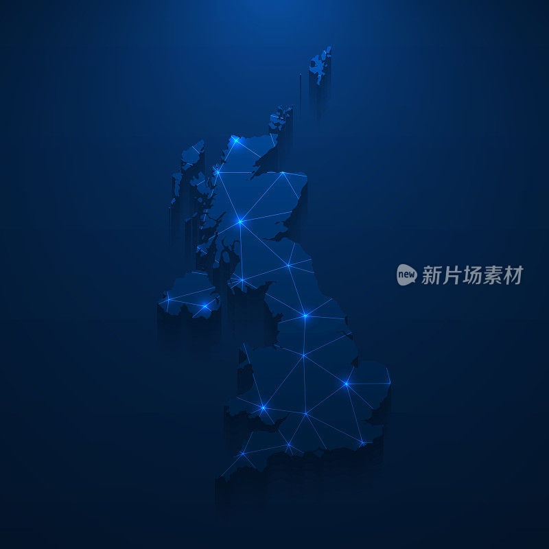 英国地图网络-明亮的网格在深蓝色的背景