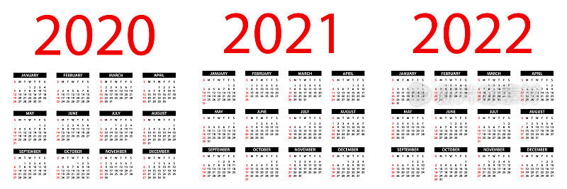 日历2020年，2021年，2022年-简单布局插图。一周从周日开始。日历设定为2020年、2021年、2022年