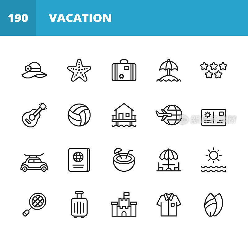 度假和旅游线路图标。可编辑的中风。像素完美。移动和网络。包含如帽子，行李，岛，海，伞，吉他，排球，旅行，飞机，冲浪，护照，太阳，沙城堡，海滩，热带，夏威夷，露营。