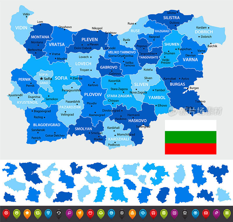保加利亚地图与地区，导航图标和国旗。文件包含分隔的区域