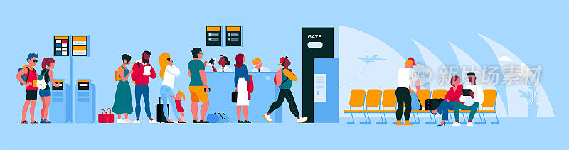 候机楼候机室等待登机的旅客，通过护照检查，网上登记。