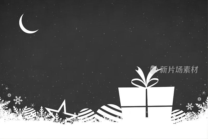 创意的黑色背景与一个大礼盒或礼物，条纹小饰品，星星和雪花遍布地面和天空新月