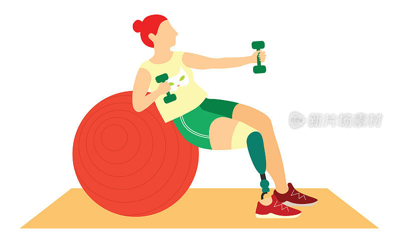 下肢截肢的女性在锻炼中使用哑铃和健身球。