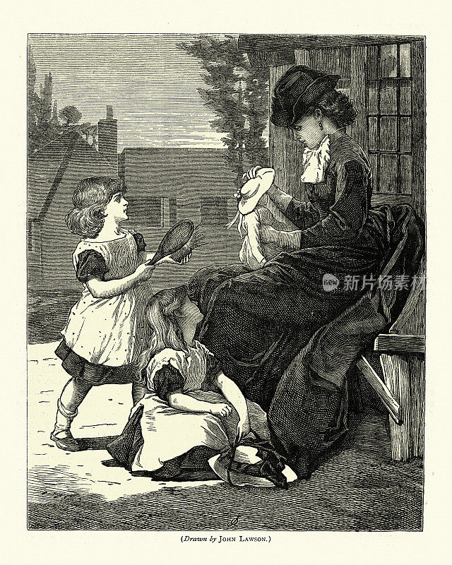 19世纪70年代，维多利亚时代的母亲和孩子们玩耍