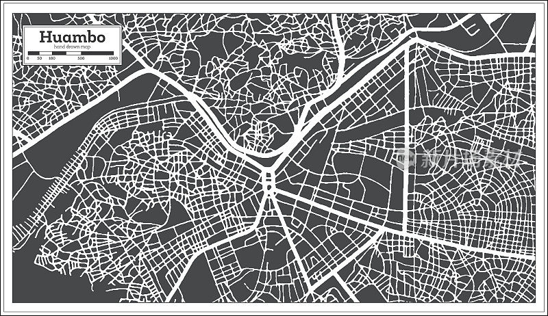 万博安哥拉城市地图黑白复古风格。略图。