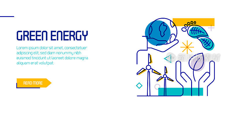 绿色能源相关设计元素。带有轮廓图标的图案设计。色彩斑斓的矢量图
