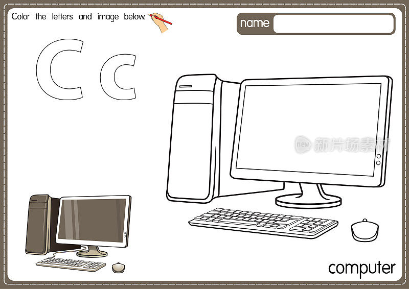 矢量插图的儿童字母着色书页与概述剪贴画，以颜色。字母C代表电脑。