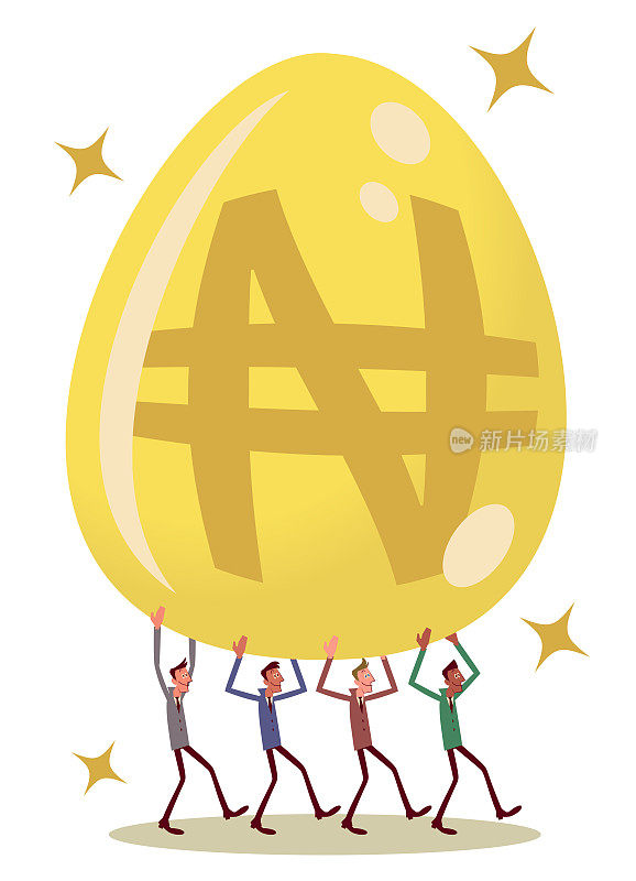 多民族商人合作携带一个大金蛋，上面有货币符号。能下金蛋的生意