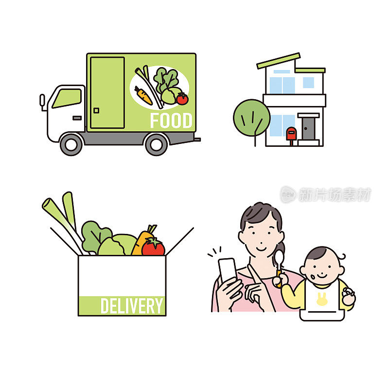 使用食品递送服务抚养孩子的家庭形象的一组插图