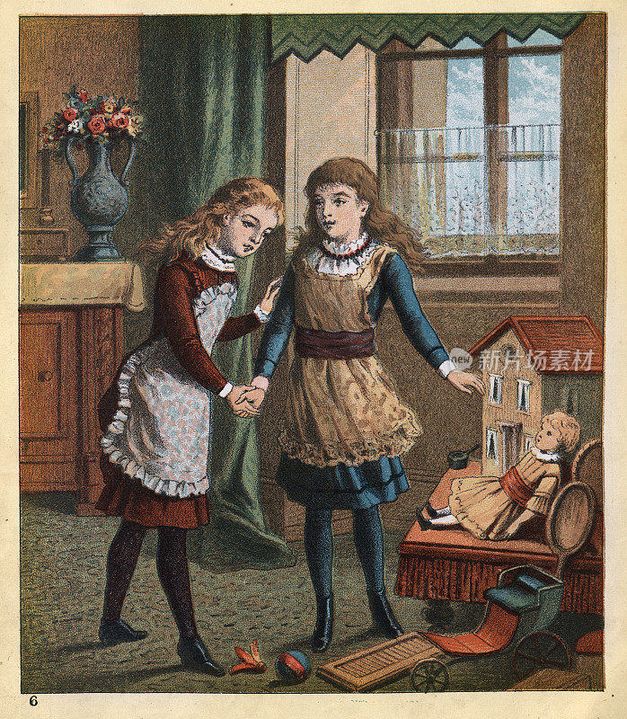 玩洋娃娃的年轻女孩，玩偶屋，维多利亚时代的童年，19世纪