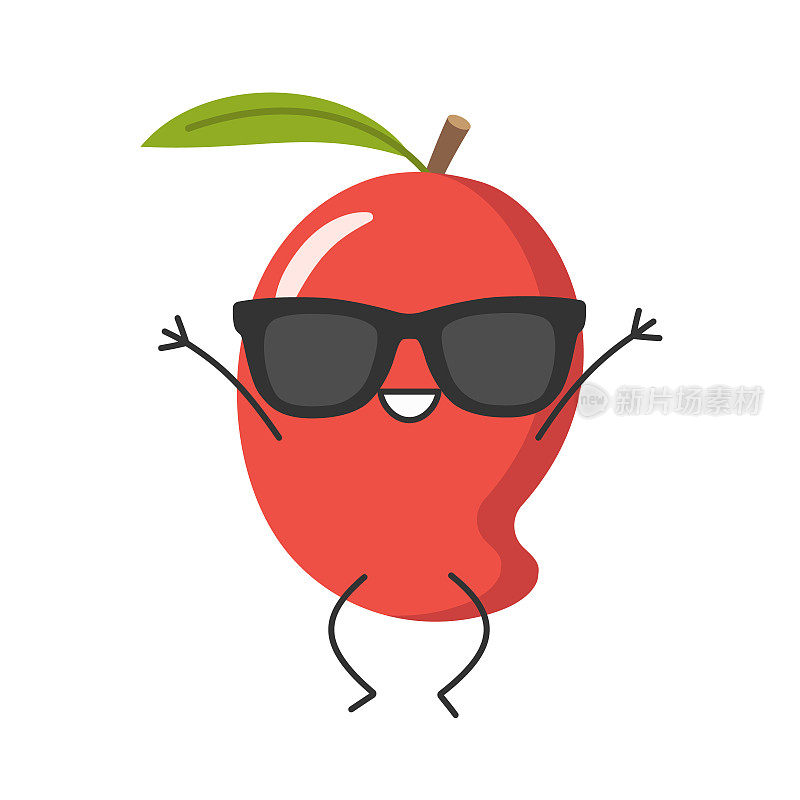 芒果跳跃的人物卡通热带水果颜色红色快乐快乐的情绪微笑的脸图标矢量插图。