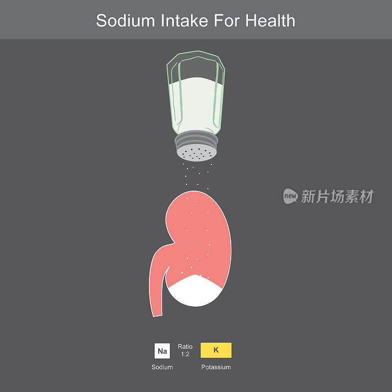 钠的摄入有利于健康。一个盐瓶和肾的卡通人物大概解释了身体摄取适当的钠水平。
