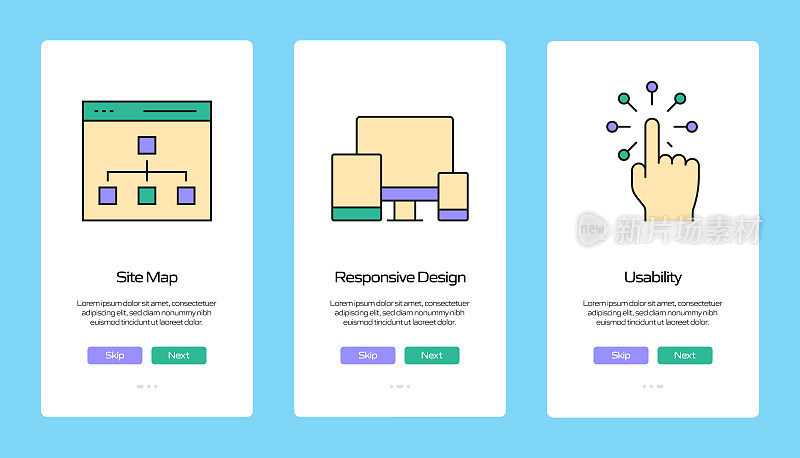 搜索引擎优化概念Onboarding移动应用程序页面屏幕与平面图标。UI设计模板矢量插图