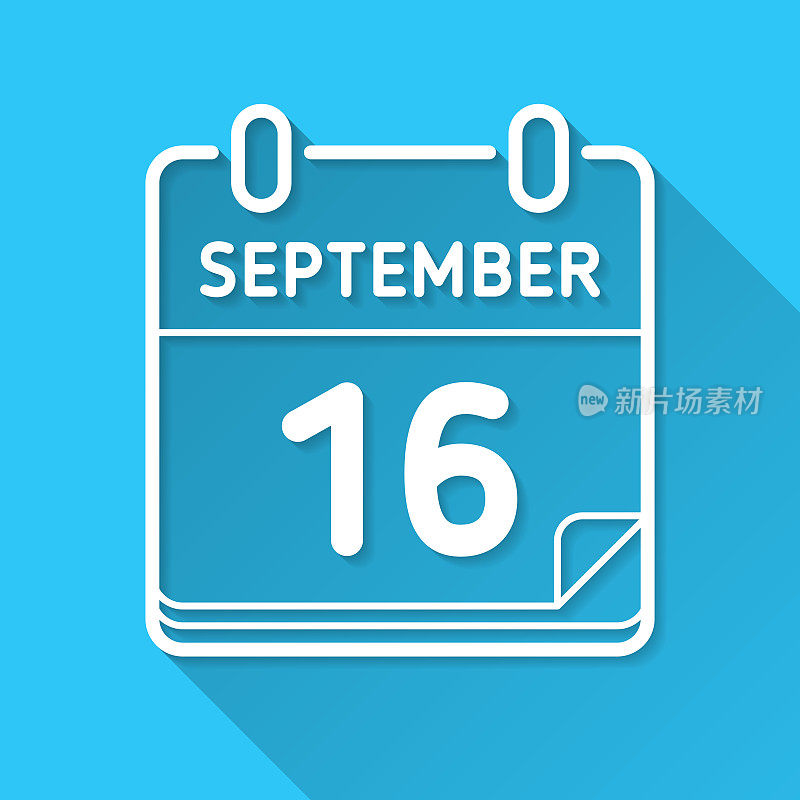 9月16日。蓝色背景上的图标-长阴影平面设计