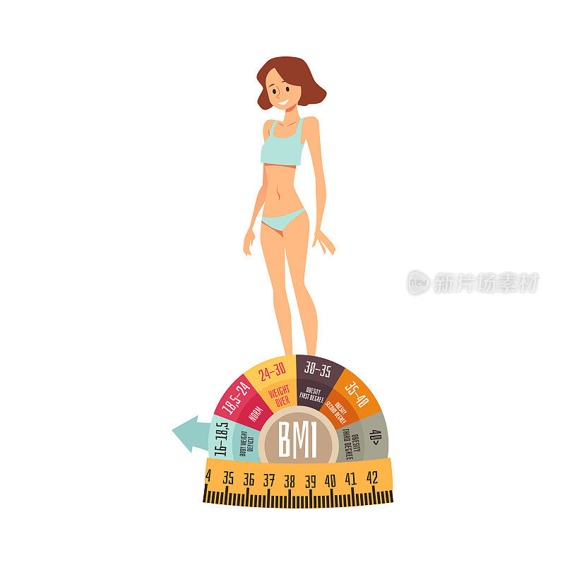 瘦和瘦的女性体重不足和厌食症的BMI指标，平矢量图孤立在白色。