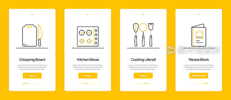 在移动应用页面上使用扁平图标的烹饪概念。用户体验，UI设计模板矢量插图