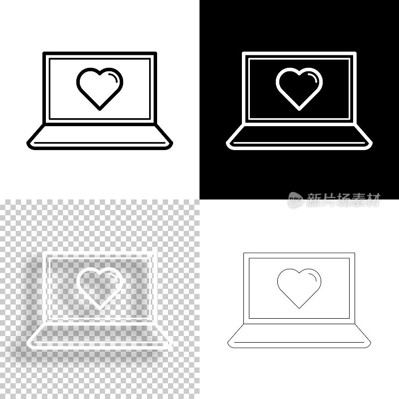 笔记本电脑的心。图标设计。空白，白色和黑色背景-线图标