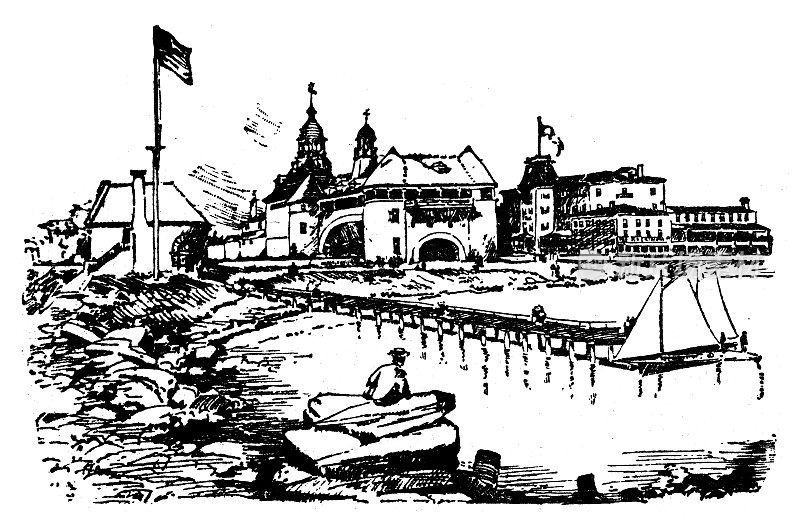美国古董插图，罗德岛地标和公司:纳拉甘西特码头，赌场