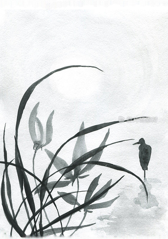 亚洲鸟类的水彩插图。中国传统山水画。在白色的背景上画上雾蒙蒙的森林树木。亚洲鸟类的水彩插图。