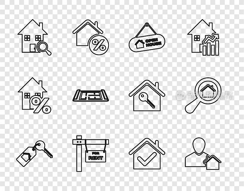 设置线房子与钥匙，房地产经纪人，挂标志开放的房子，租金，搜索，计划，检查标记和图标。向量