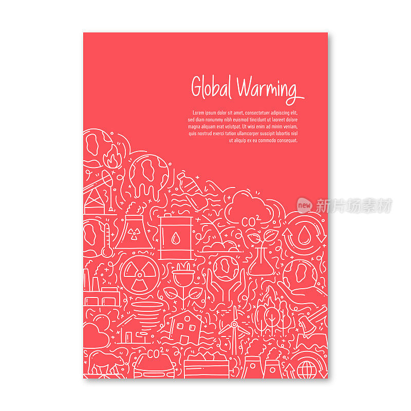 与全球变暖相关的物体和元素。手绘矢量涂鸦插图集合。海报，封面模板与不同的全球变暖对象